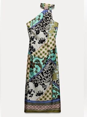 Zara One-Shoulder Patchwork Maxi Dress in Aqua, Olive, Black & Cream
